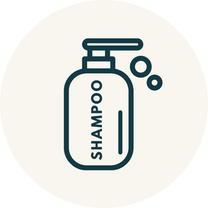 Symbol für Shampoo-Flasche mit Text „Shampoo“