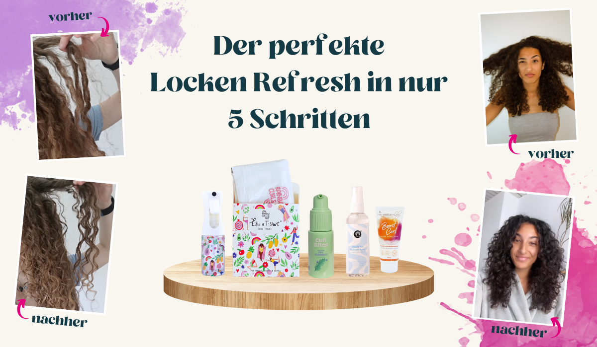 Vorher-Nachher-Bilder zeigen definierte Locken nach Anwendung des Refresh Kits mit 5 Produkten auf einem Holzpodest.