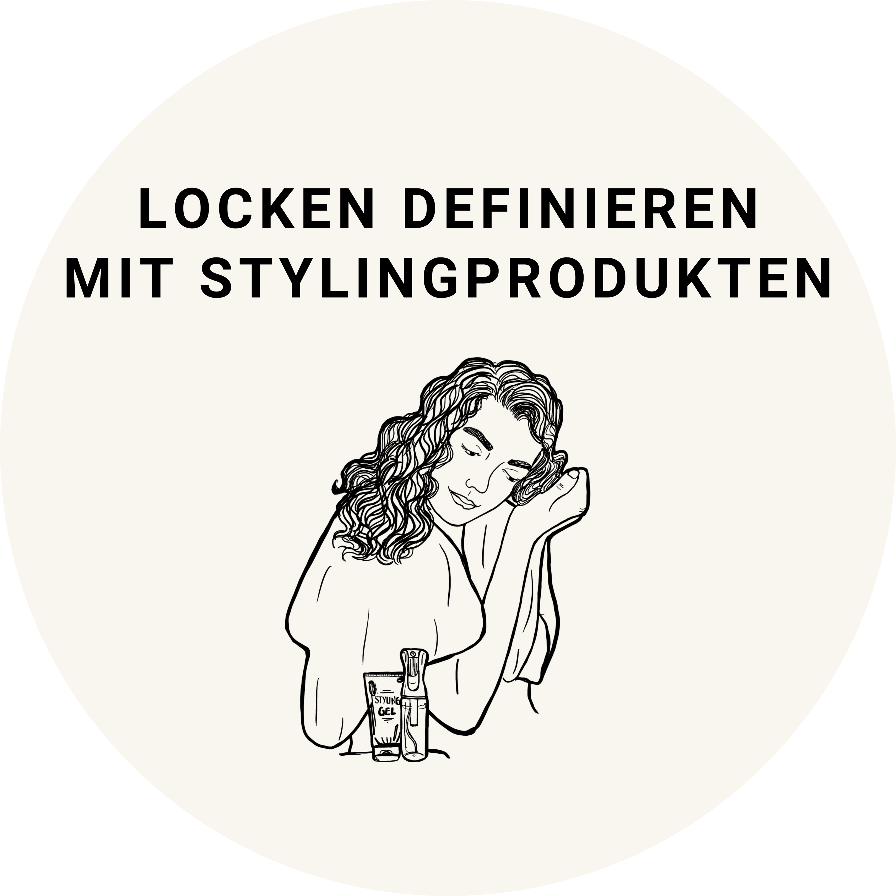 Illustration einer Frau, die Locken mit Stylingprodukt formt. Beschriftet mit ‚Locken definieren mit Stylingprodukten‘
