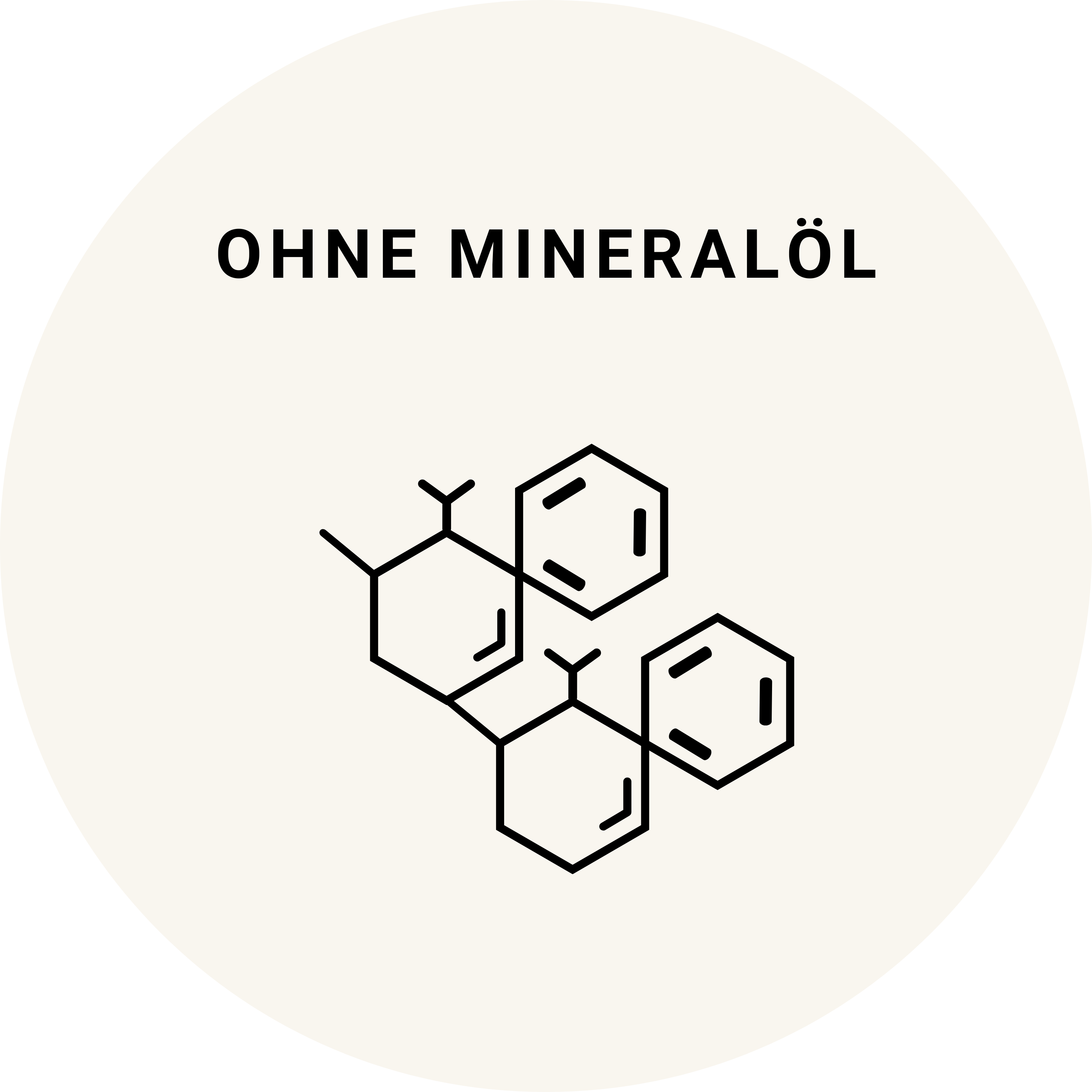 Hexagon-Molekülstruktur mit der Beschriftung ‚Ohne Mineralöl‘.