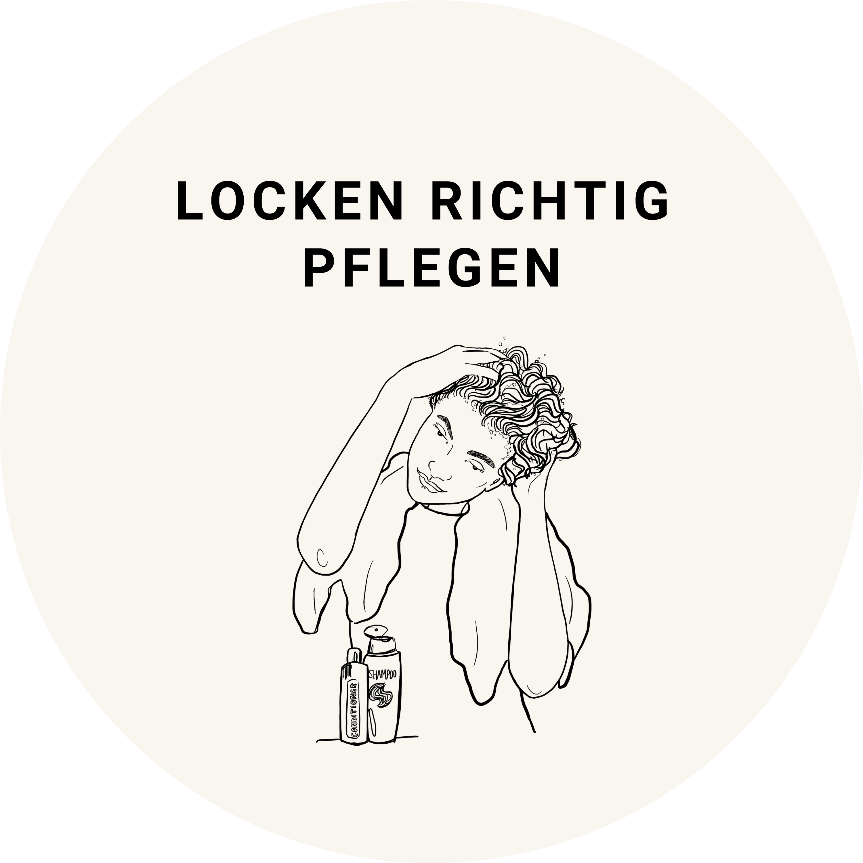 Illustration einer Person, die Locken einmassiert. Davor stehen Shampoo und Conditioner. Beschriftet mit: Locken richtig pflegen.