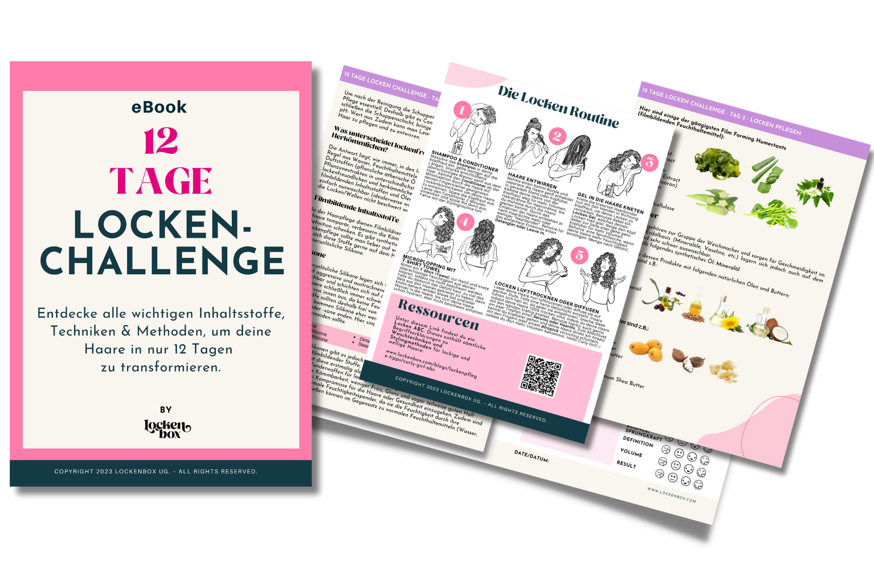 Grafik des 12-Tage-Locken-Challenge-E-Books mit mehreren illustrierten Seiten, die Pflegeschritte, Inhaltsstoffe und Routinen zur Lockenpflege zeigen.