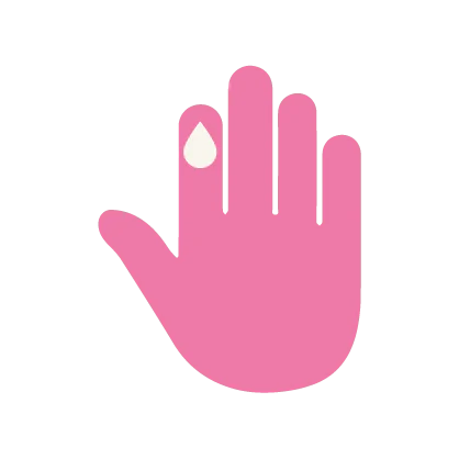 Pinke Hand mit weißem Tropfen auf Zeigefinger